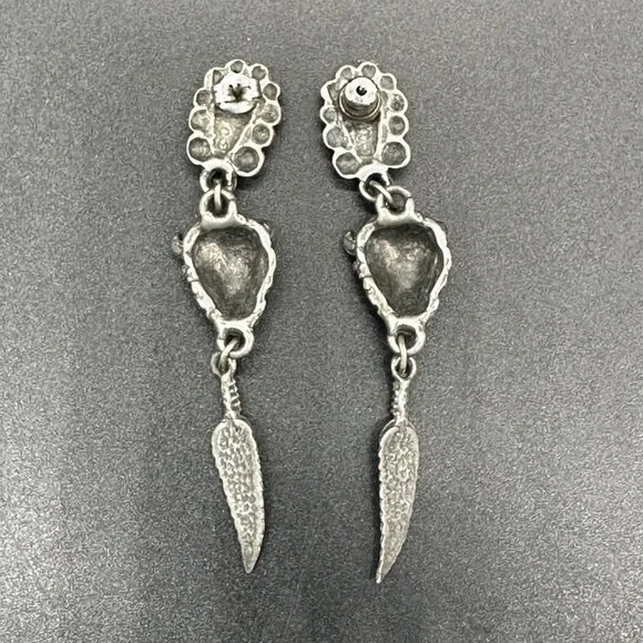 Buffalo Feather Drop Earrings Turquoise Inlay Western Silver Toned Metal - Picture 3 of 8